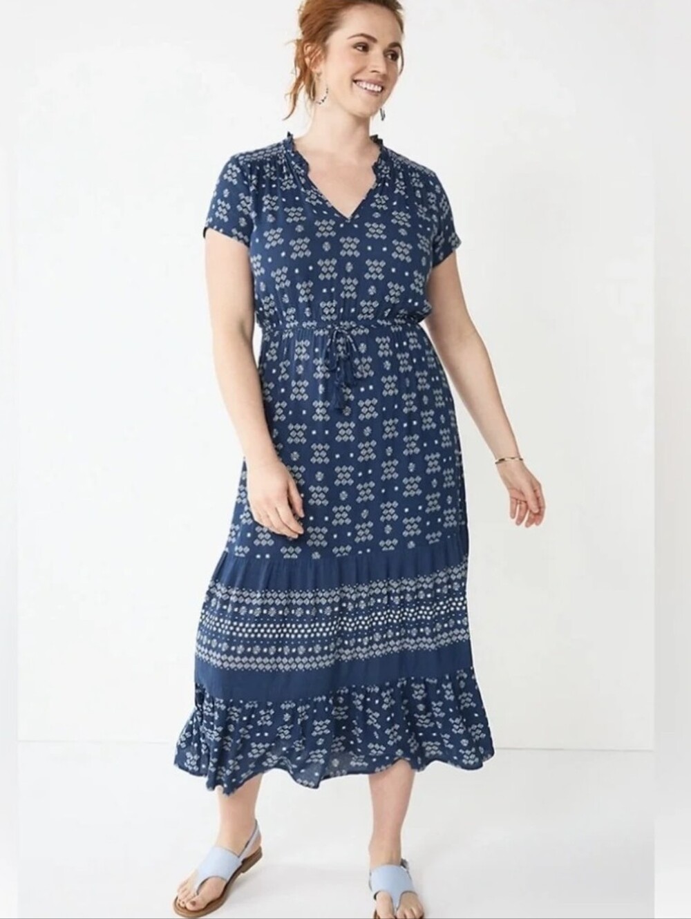 Sonoma Boho Prairie Maxi Dress Blue Tiered Peasant Cottagecore Womens Size S